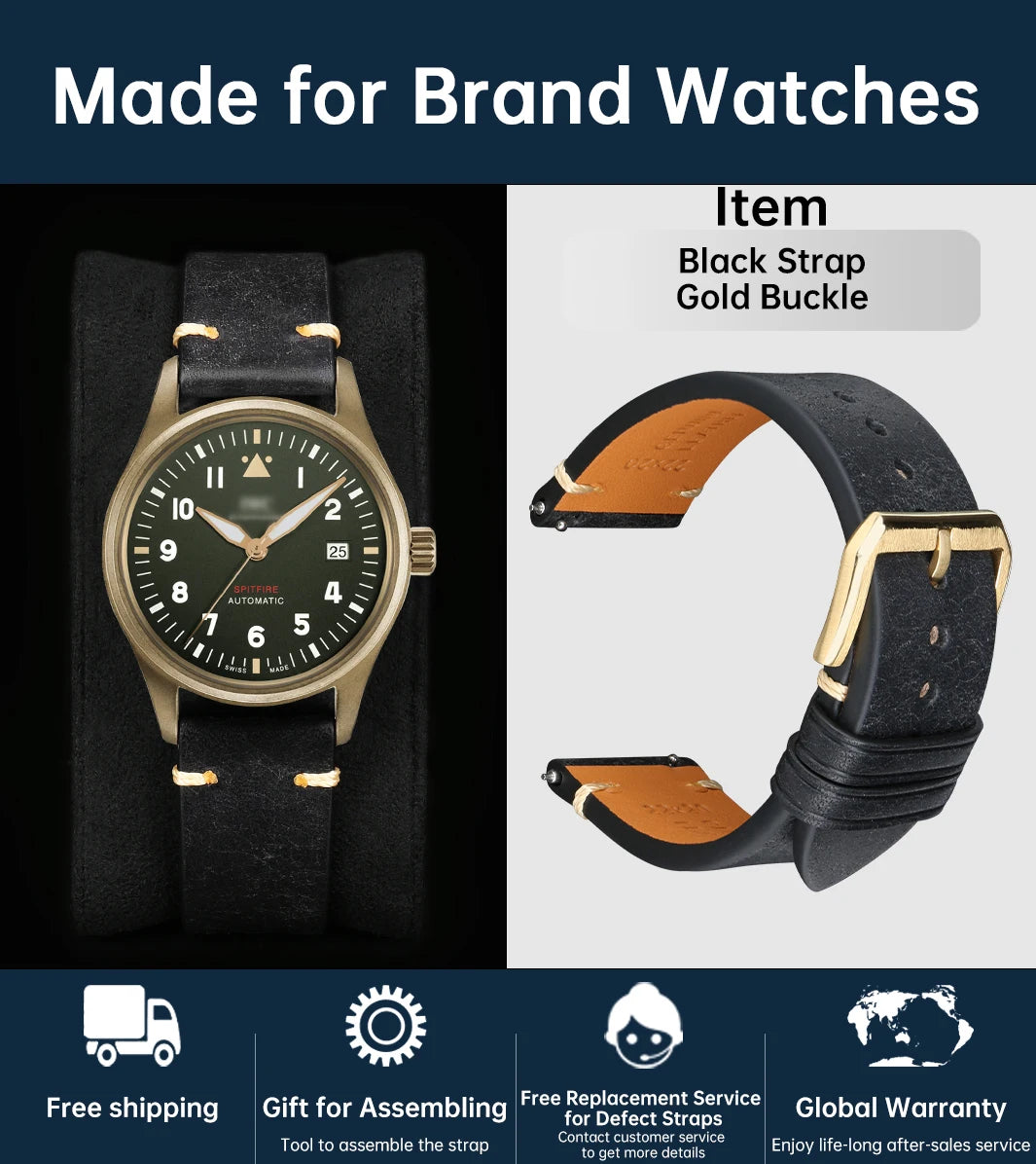 Luxury Italian Vintage Cowhide Leather Strap with Butterfly Buckle