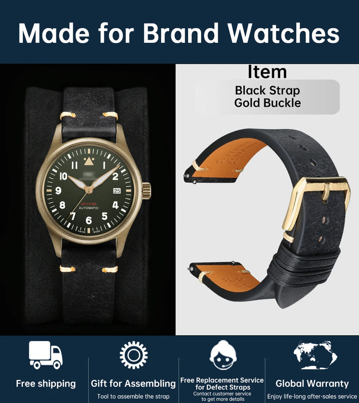 MAIKES Vintage Leather Watch Strap with Butterfly Buckle