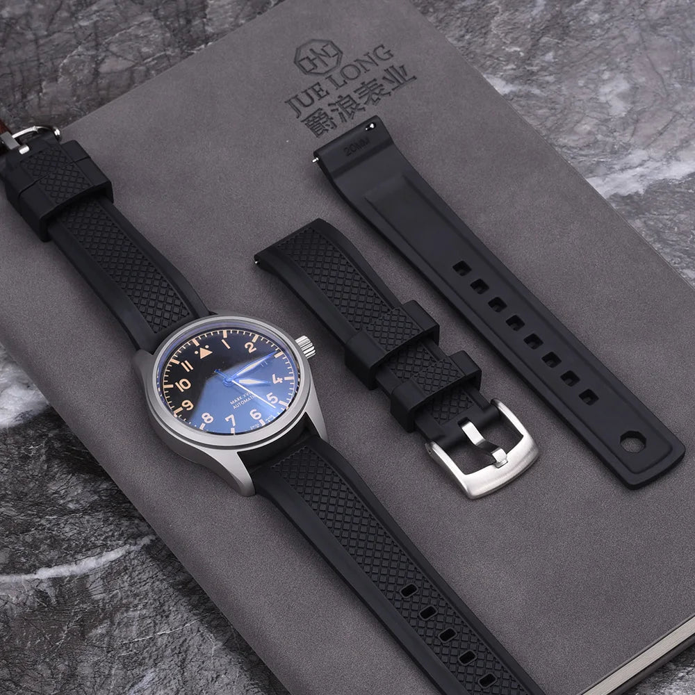 Quality Vulcanized FKM Rubber Watch Strap 20mm 22mm Black Blue Wristband Slide Keeper Ring With Quick Release Sport Watchband