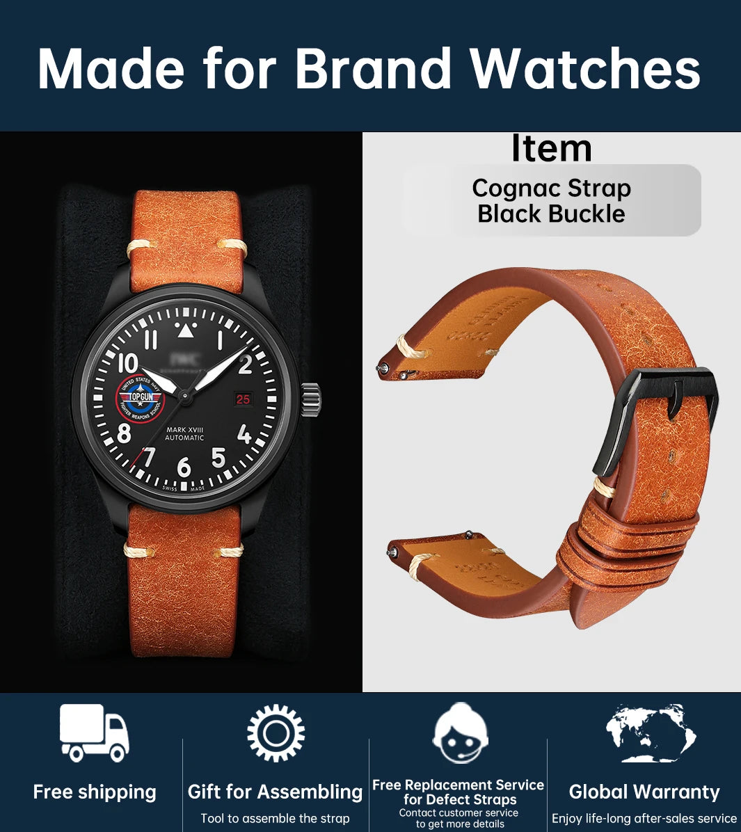 Luxury Italian Vintage Cowhide Leather Strap with Butterfly Buckle
