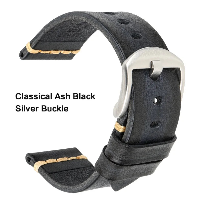 MAIKES Handmade Calfskin Leather Watch Strap – 20/22/24mm, Vintage for Panerai, MIDO & Longines