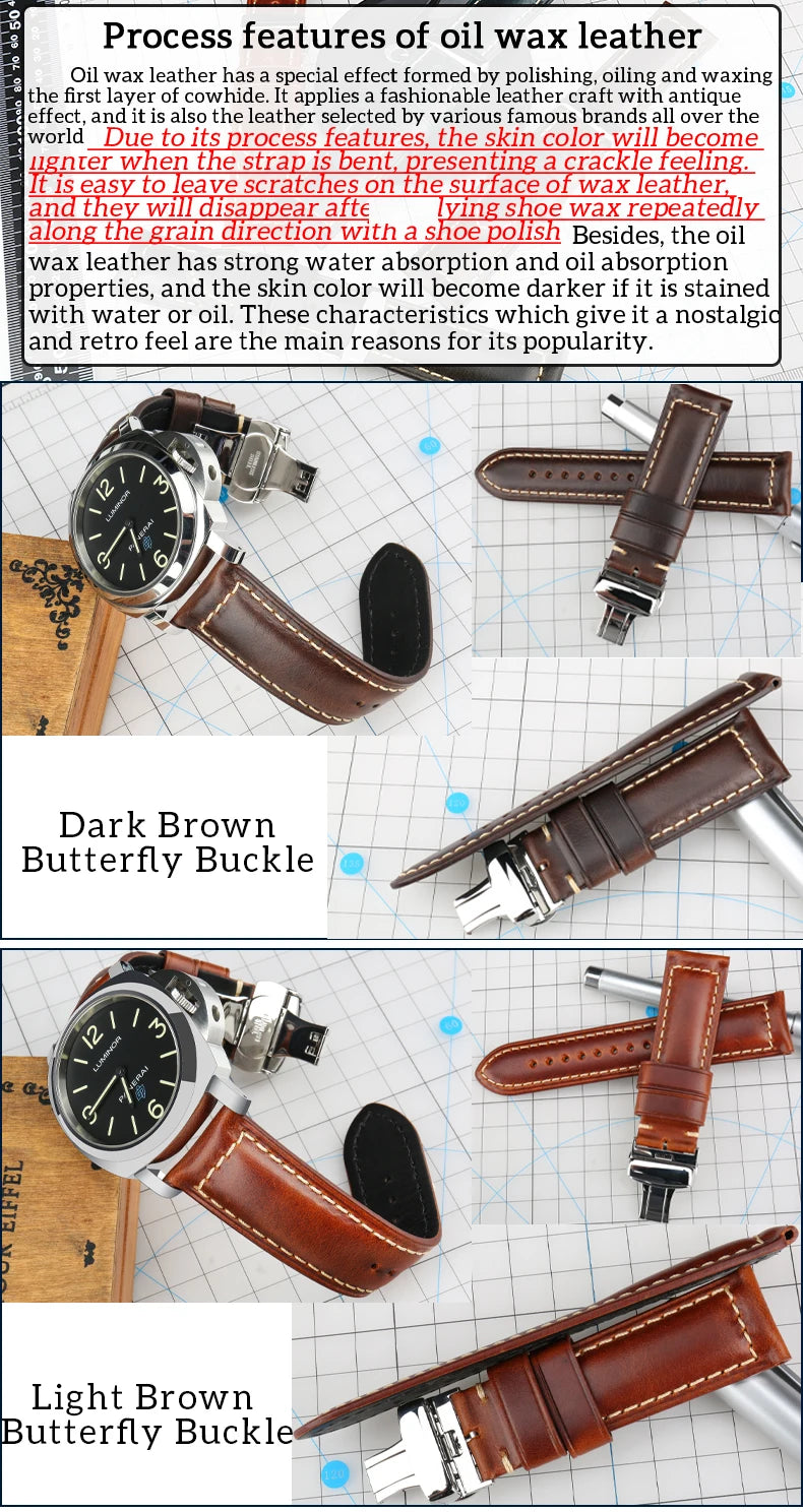 Cowhide Leather Watch Strap – 20/22/24mm, Butterfly Buckle Clasp