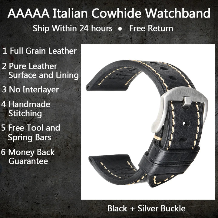 MAIKES Handmade AAA Leather Watch Band – Vintage Black (20-24mm)