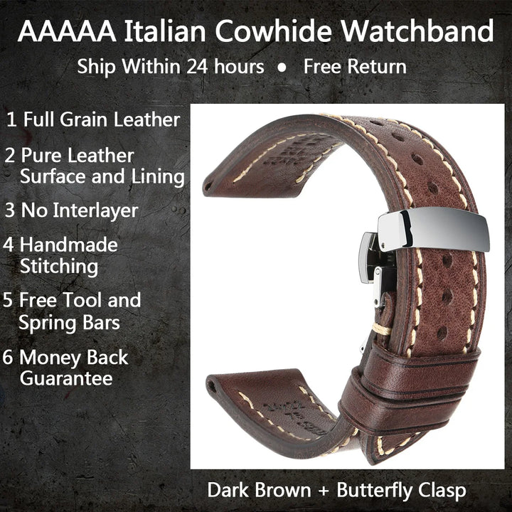 MAIKES Handmade AAA Leather Watch Band – Vintage Black (20-24mm)