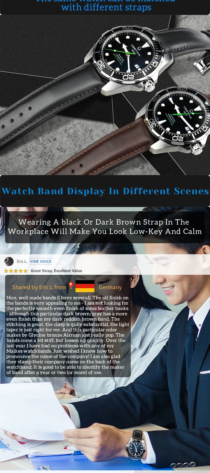 MAIKES Luxury Cow Leather Watch Bands 20mm 22mm 24mm With 316L Stainless Steel Butterfly Buckle Watch Strap Soft Watchbands