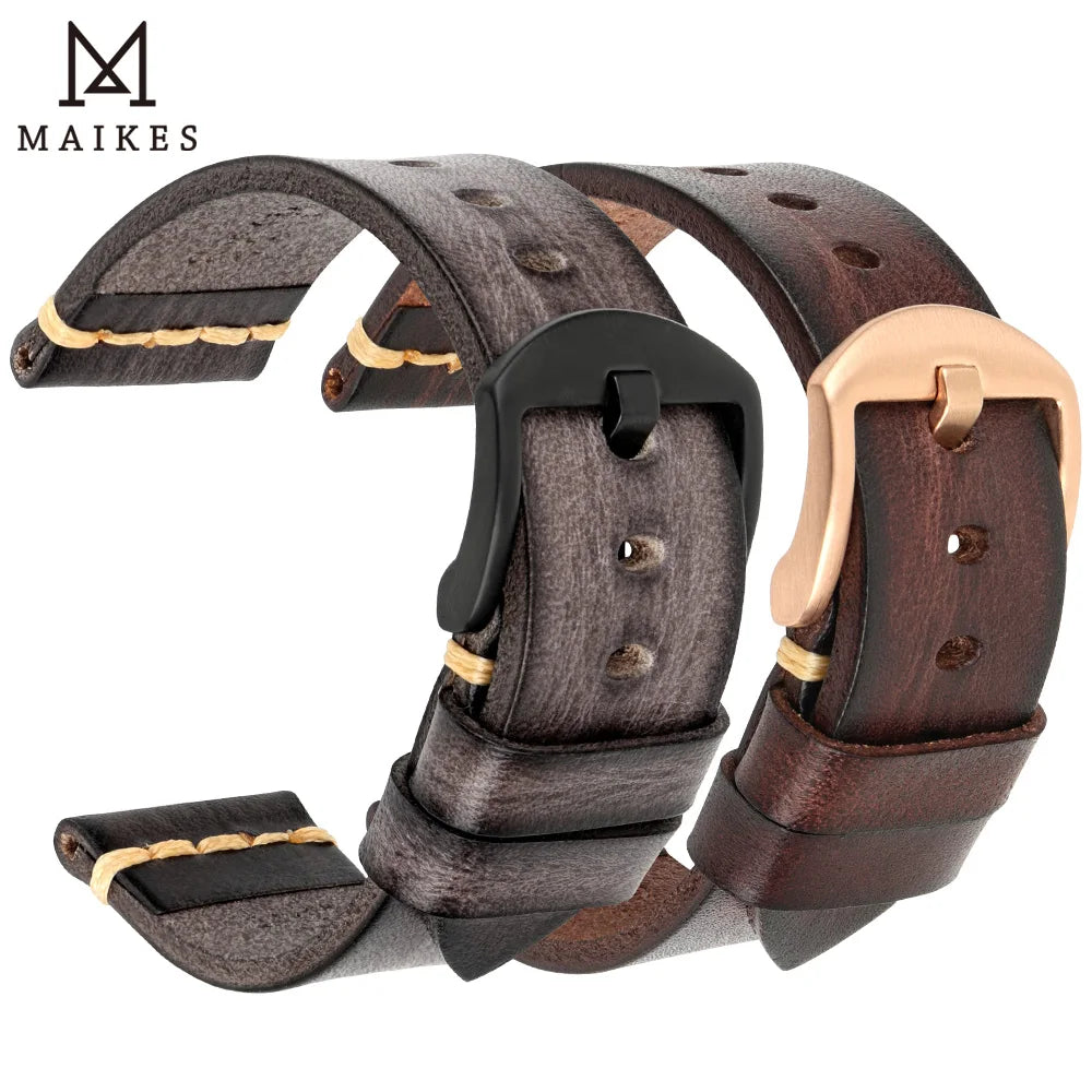 MAIKES Handmade Vintage Leather Watch Strap – 20/22/24mm for Panerai, Fossil, Casio & Seiko