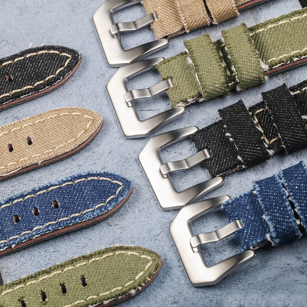 Hemsut Denim Canvas Watch Strap – 20–24mm Quick-Release Khaki, Steel Buckle