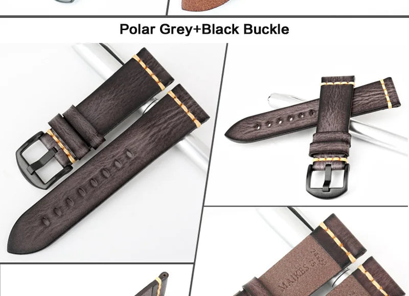 MAIKES Handmade Calfskin Leather Watch Strap – 20/22/24mm, Vintage for Panerai, MIDO & Longines
