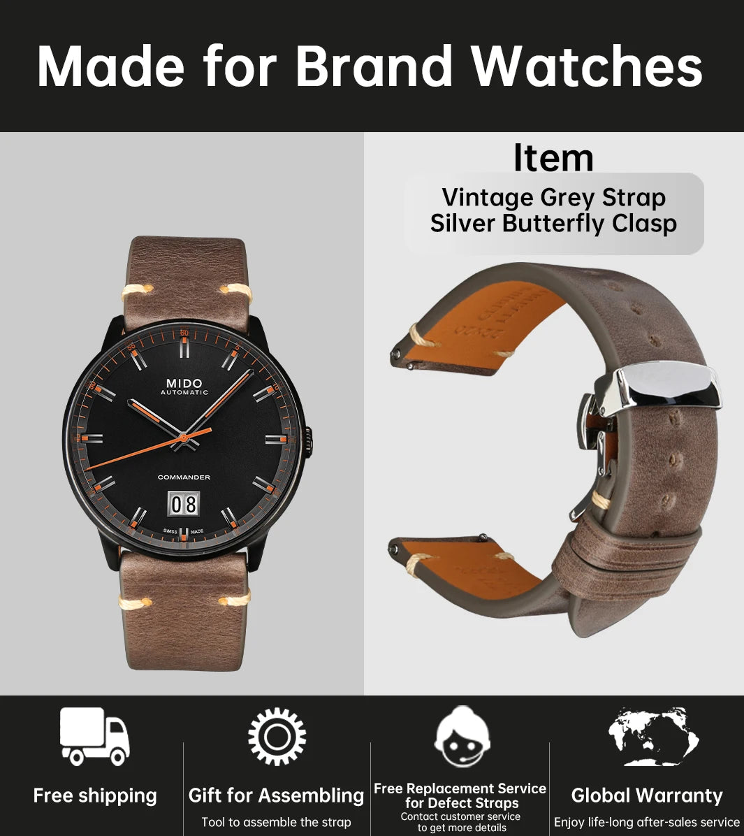 Vintage Vegetable-Tanned Leather Watch Band 20-24mm from Tuscany, Italy