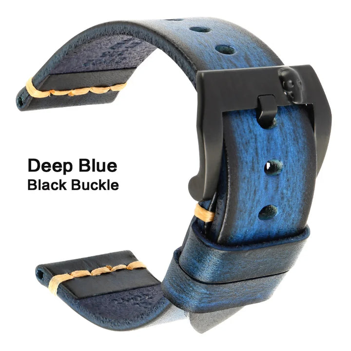 MAIKES Handmade Genuine Cow Leather Watch Band Vintage Black Watchband Watch Bracelet 20mm 22mm 24mm Watch Strap