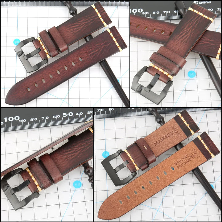 MAIKES Handmade Genuine Cow Leather Watch Band Vintage Black Watchband Watch Bracelet 20mm 22mm 24mm Watch Strap