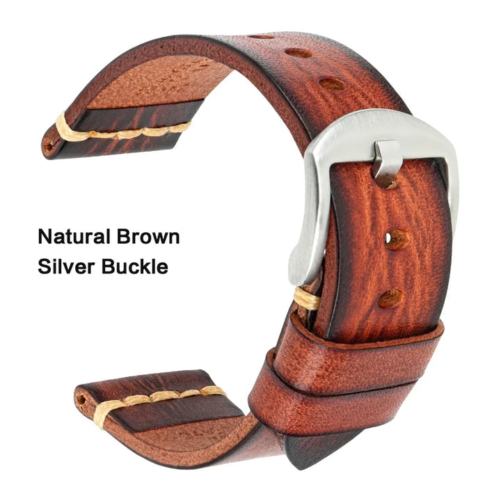 MAIKES Handmade Calfskin Leather Watch Strap – 20/22/24mm, Vintage for Panerai, MIDO & Longines
