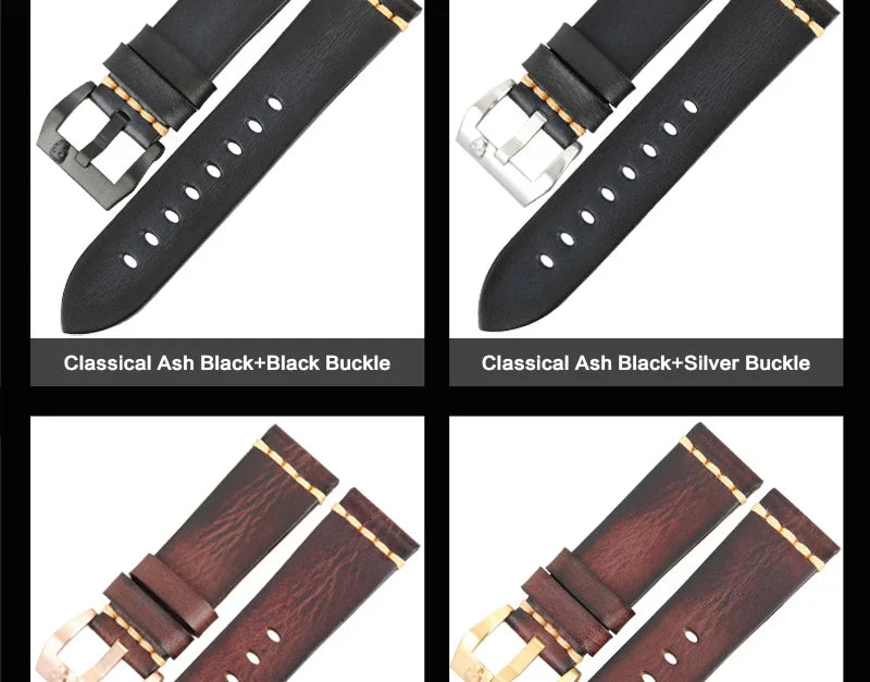 MAIKES Handmade Genuine Cow Leather Watch Band Vintage Black Watchband Watch Bracelet 20mm 22mm 24mm Watch Strap