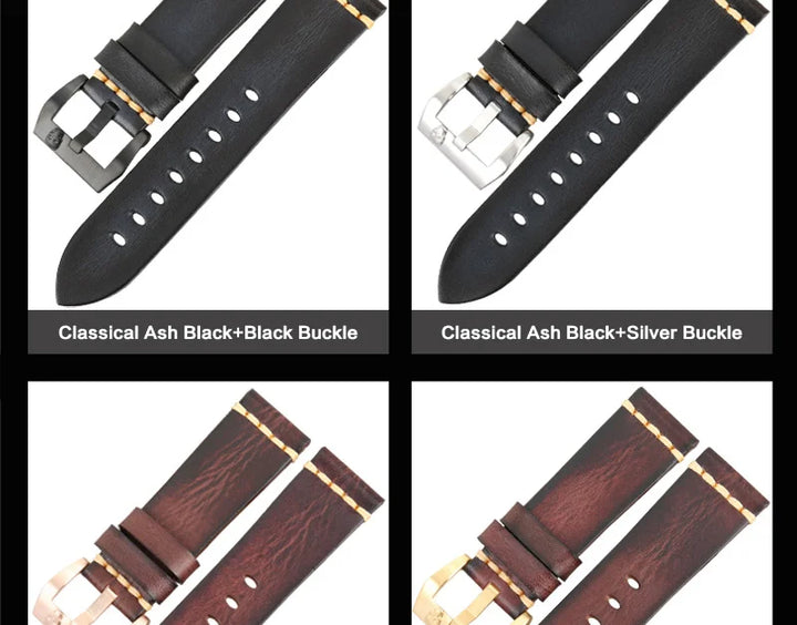 MAIKES Handmade Genuine Cow Leather Watch Band Vintage Black Watchband Watch Bracelet 20mm 22mm 24mm Watch Strap