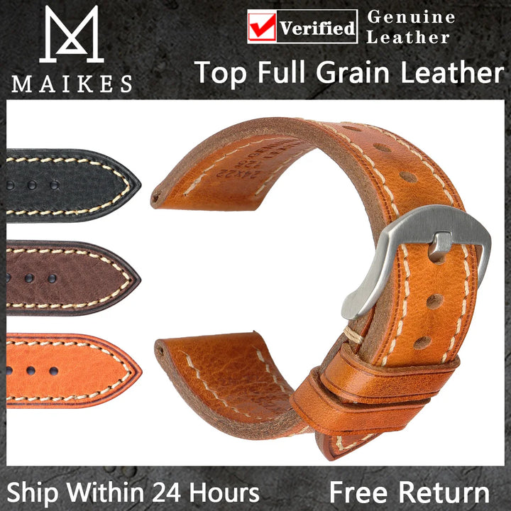MAIKES Full Grain Cowhide Leather Watch Strap – Handmade Vintage for Omega & Hamilton