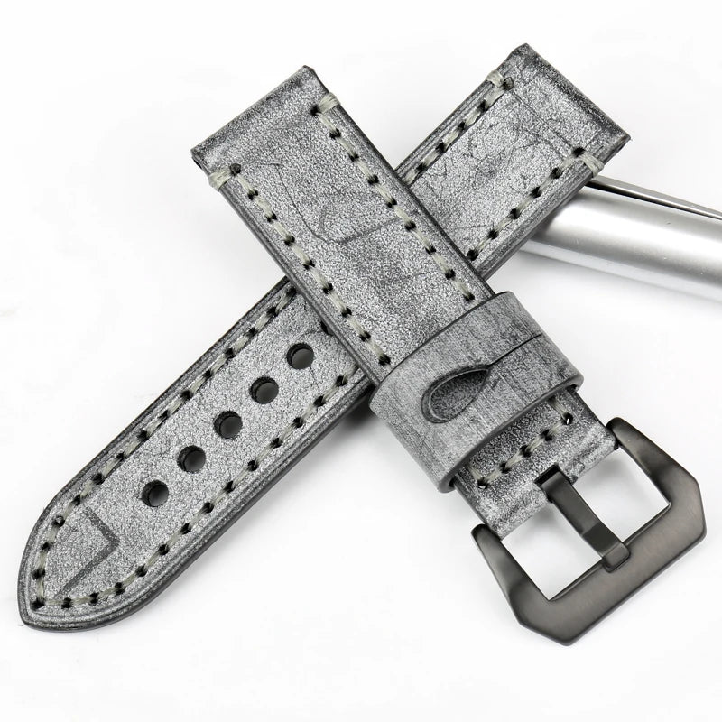 MAIKES Vintage Black Leather Watch Strap – 22/24mm for Panerai
