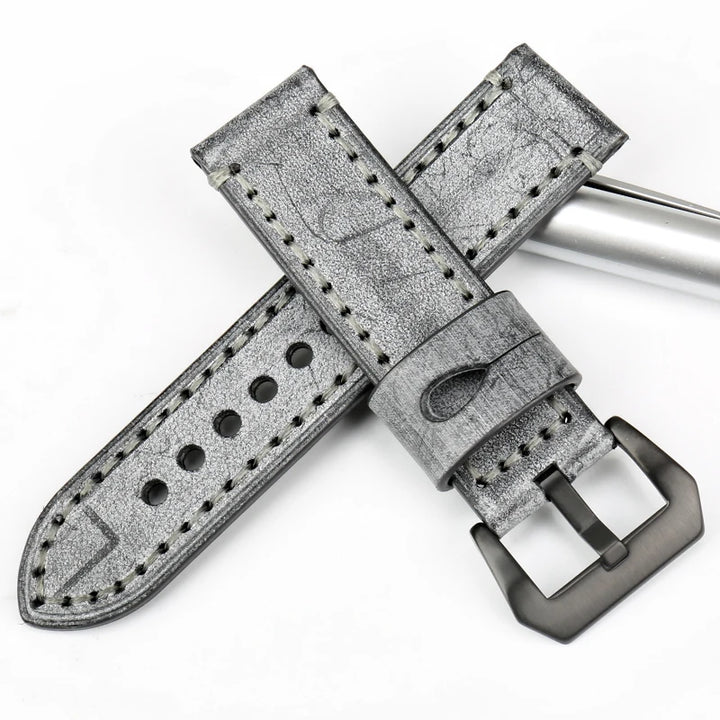 MAIKES Vintage Black Leather Watch Strap – 22/24mm for Panerai