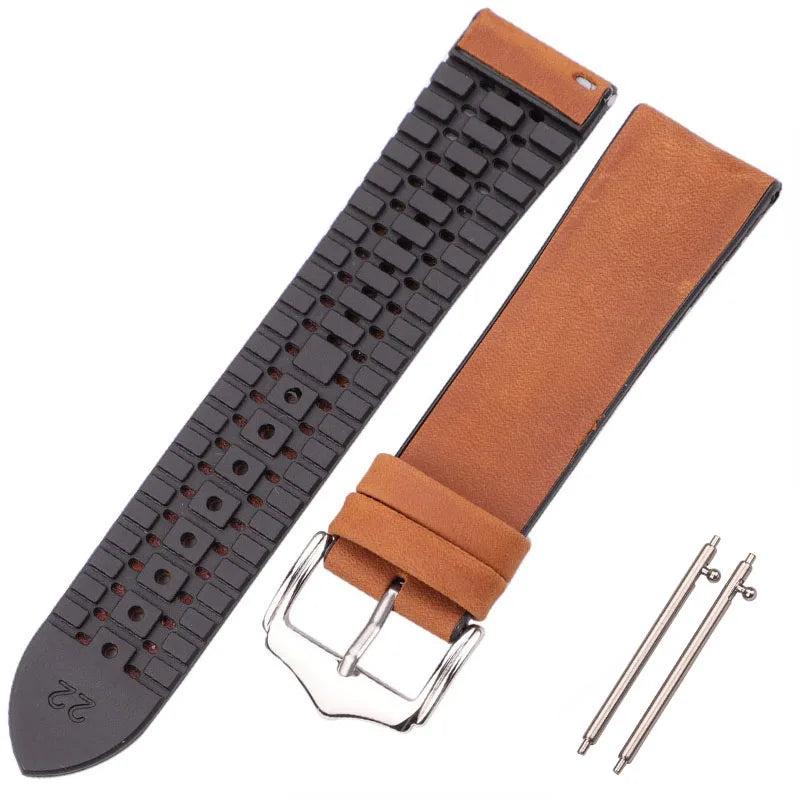 Genuine Leather Watchband Men Women Rubber Silicone Waterproof Breathable Watch Band Strap Buckle Clock Accessories 18 20 22mm