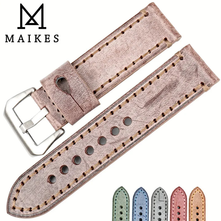 MAIKES Brown Vintage Bridle Leather Watch Strap 22-24mm for Panerai