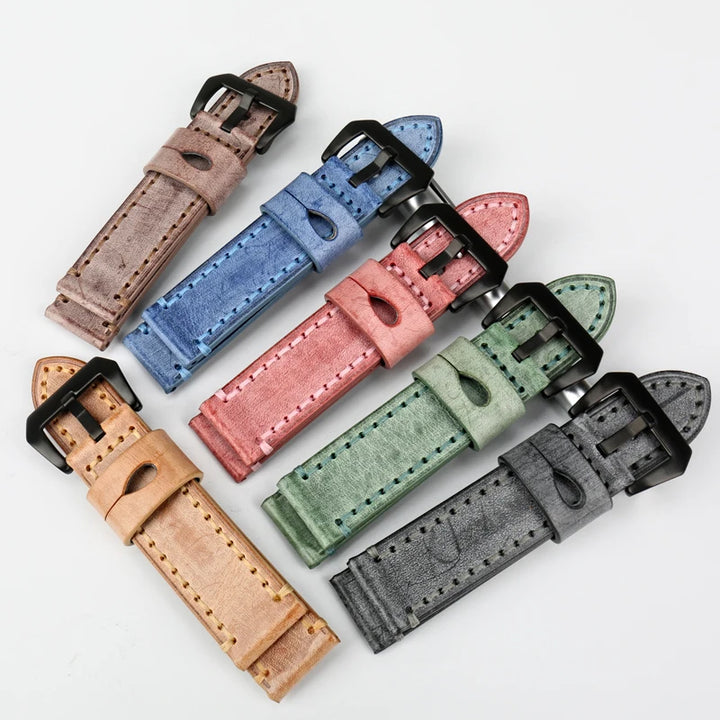 MAIKES Vintage Black Leather Watch Strap – 22/24mm for Panerai