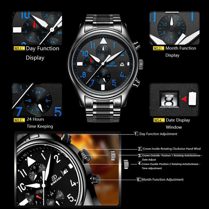 BINKADA Skeleton Automatic Men’s Watch – Waterproof Self-Winding Mechanical Tourbillon