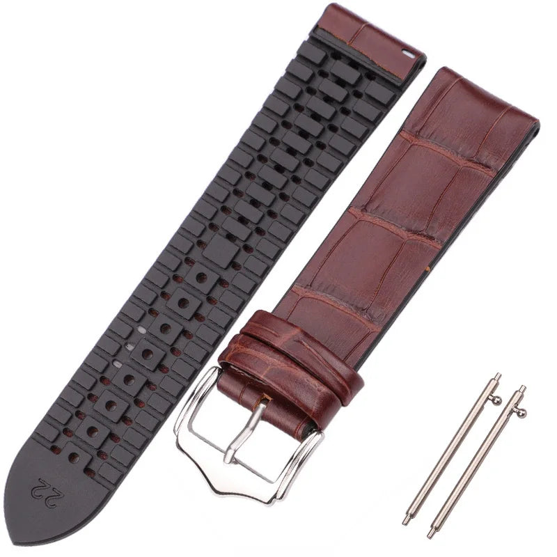 Genuine Leather Watchband Men Women Rubber Silicone Waterproof Breathable Watch Band Strap Buckle Clock Accessories 18 20 22mm