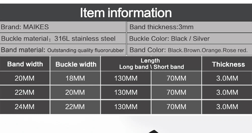 MAIKES New Design Watch Band Black 20mm 22mm 24mm Watchband Sports Fluoro Rubber Watch Strap Watch Accessories