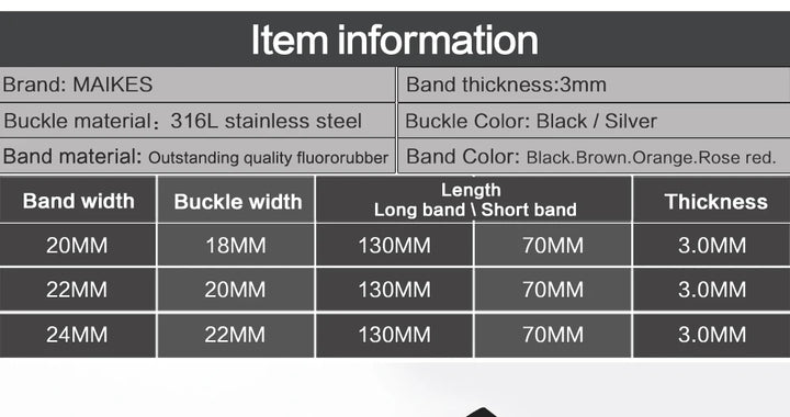 MAIKES New Design Watch Band Black 20mm 22mm 24mm Watchband Sports Fluoro Rubber Watch Strap Watch Accessories