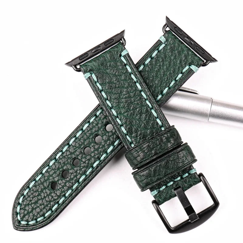 MAIKES Green Leather Strap For Apple Watch Band 45mm 41mm 44mm 40mm 42mm 38mm Series 7 6 SE 5 4 3 iWatch Bracelet Watchband