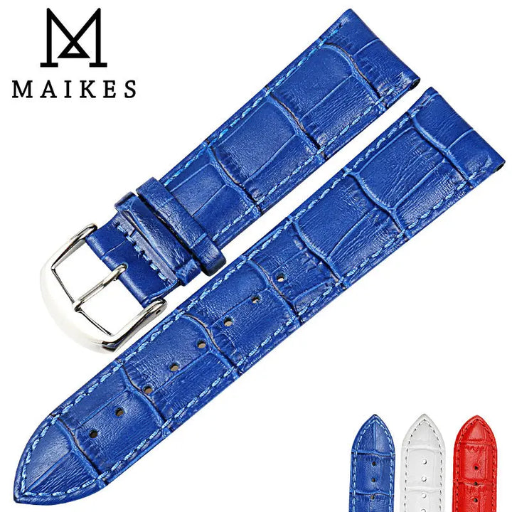 MAIKES Genuine Leather Blue Watch Strap 16-22mm