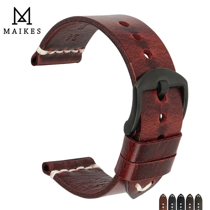 MAIKES Vintage Greased Leather Watch Band 20-24mm Red for Omega