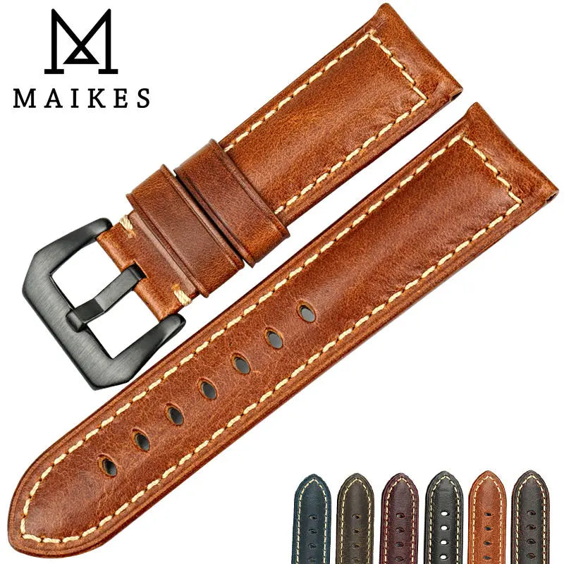 MAIKES Watch Accessories Oil Wax Cow Leather Watch Band 20mm 22mm 24mm 26mm Handmade Watchband Watch Strap For Panerai Watch