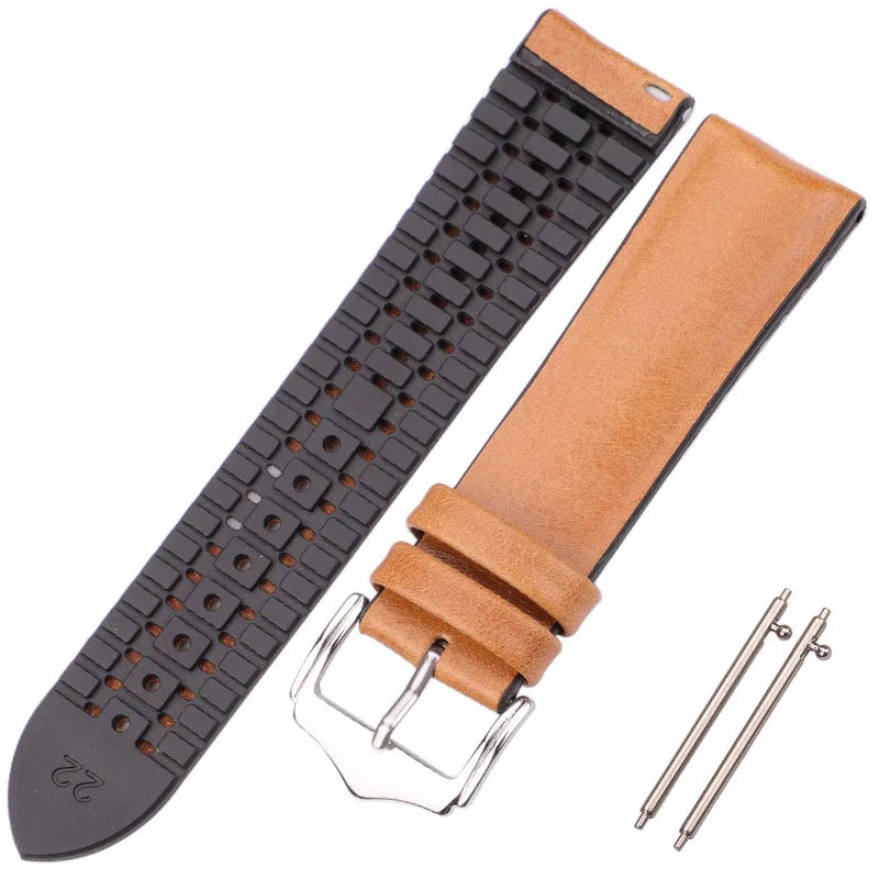 Genuine Leather Watchband Men Women Rubber Silicone Waterproof Breathable Watch Band Strap Buckle Clock Accessories 18 20 22mm