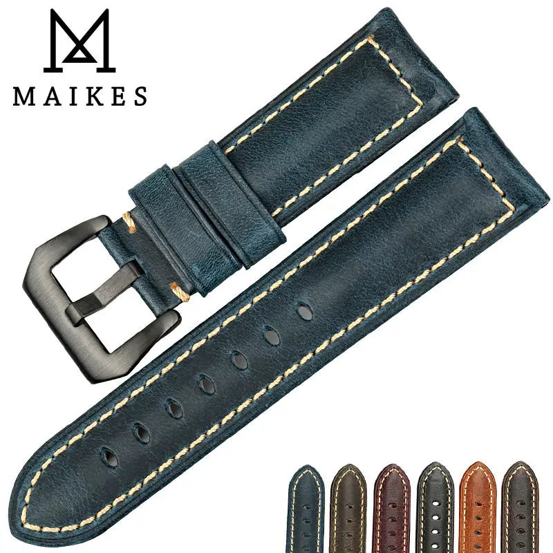 MAIKES Watch Accessories Oil Wax Cow Leather Watch Band 20mm 22mm 24mm 26mm Handmade Watchband Watch Strap For Panerai Watch
