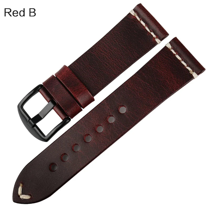 MAIKES Vintage Greased Leather Watch Band 20-24mm Red for Omega