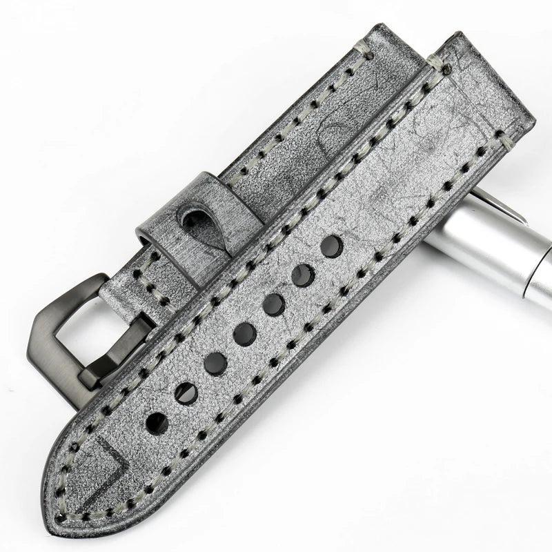 MAIKES Vintage Black Leather Watch Strap – 22/24mm for Panerai
