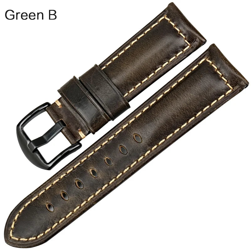 Handmade Oil Wax Leather Watch Strap – Blue 20/22/24mm with Black Buckle for Fossil