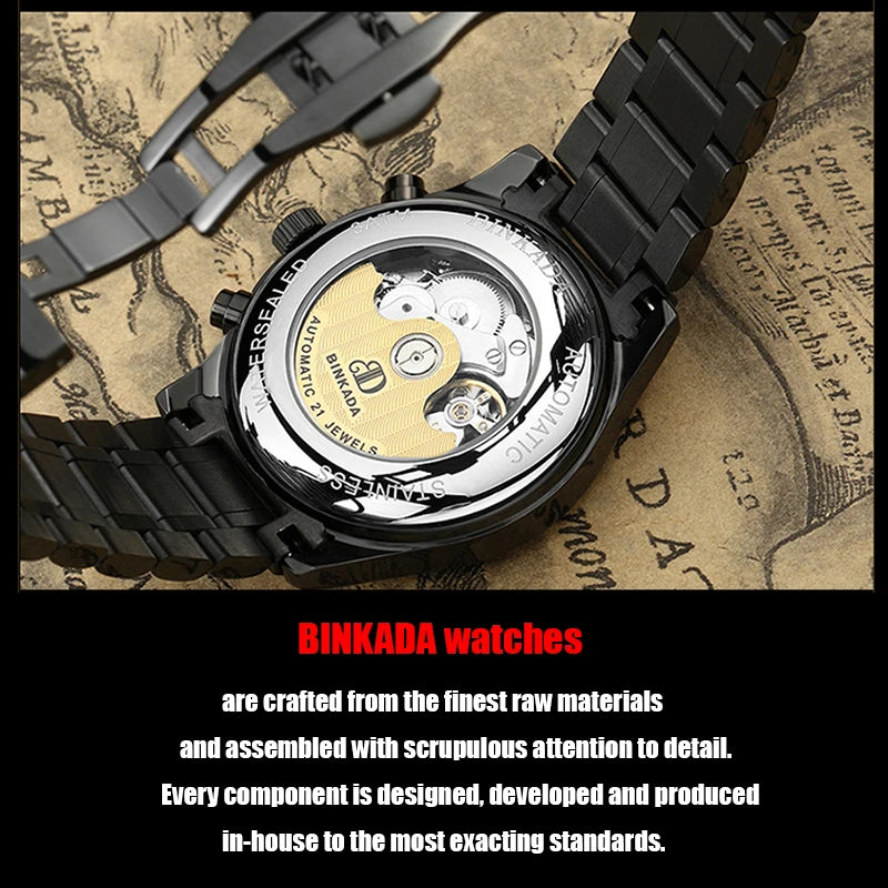 BINKADA Skeleton Automatic Men’s Watch – Waterproof Self-Winding Mechanical Tourbillon