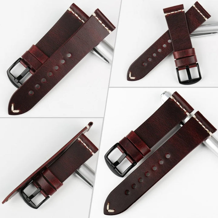 MAIKES Vintage Greased Leather Watch Band 20-24mm Red for Omega