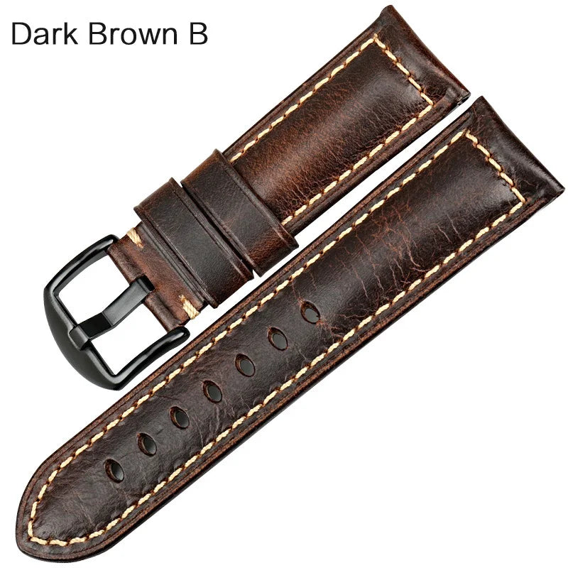 Handmade Oil Wax Leather Watch Strap – Blue 20/22/24mm with Black Buckle for Fossil