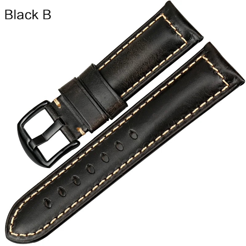 Handmade Oil Wax Leather Watch Strap – Blue 20/22/24mm with Black Buckle for Fossil