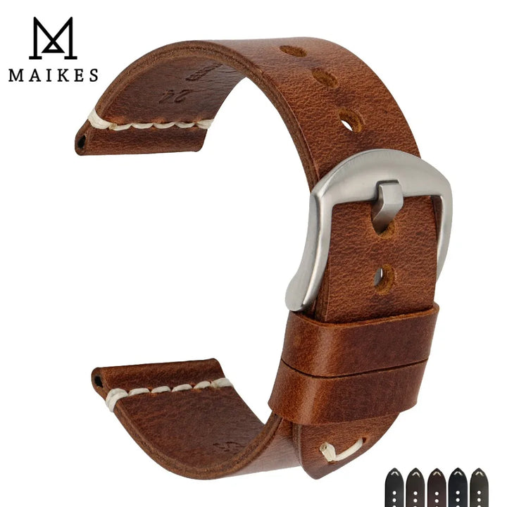 MAIKES Brown Cowhide Leather Watch Strap 20-24mm
