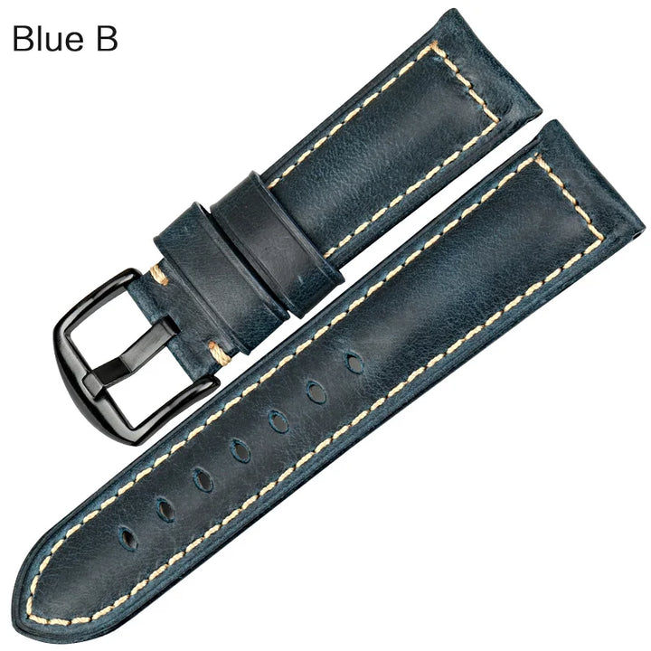 Handmade Oil Wax Leather Watch Strap – Blue 20/22/24mm with Black Buckle for Fossil