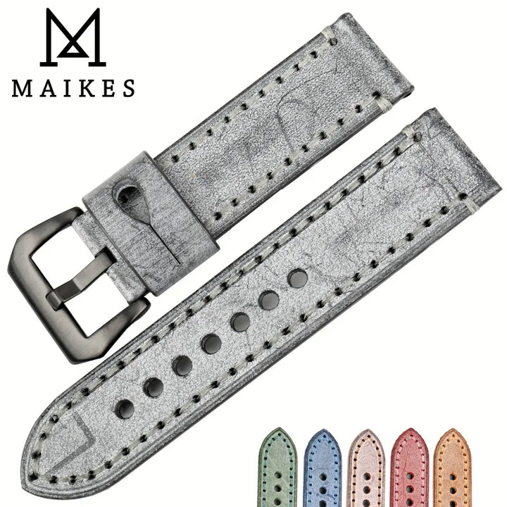 MAIKES Vintage Black Leather Watch Strap – 22/24mm for Panerai
