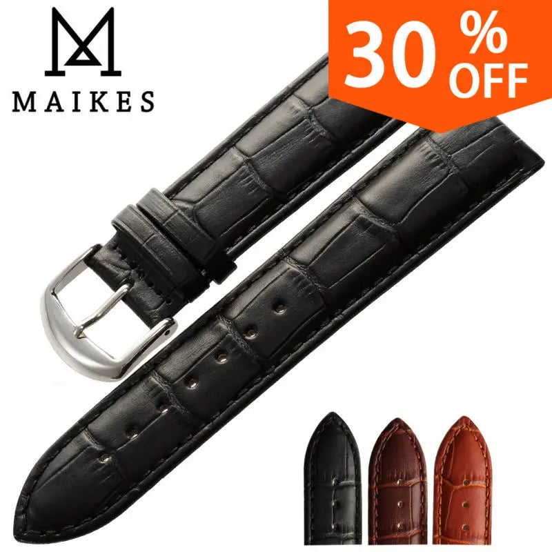 MAIKES Genuine Leather Watch Strap – 18/20/22mm, Black Wristband