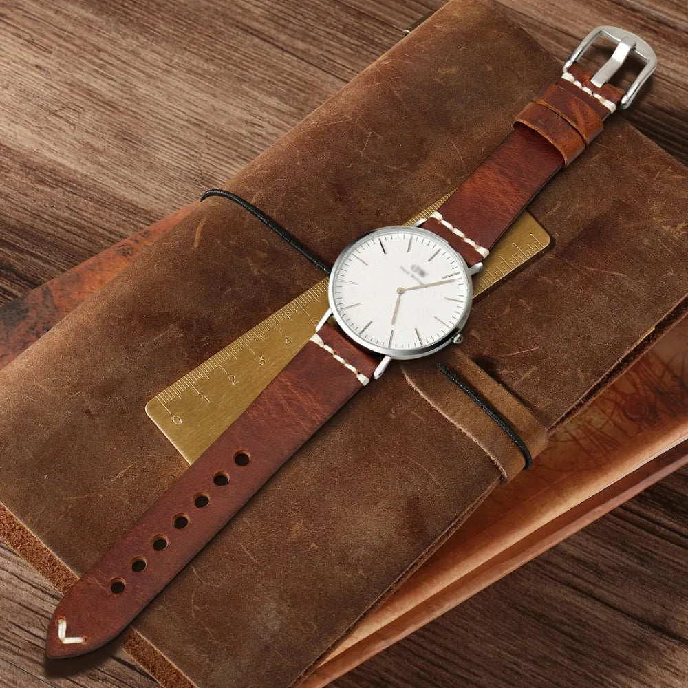 MAIKES Brown Cowhide Leather Watch Strap 20-24mm
