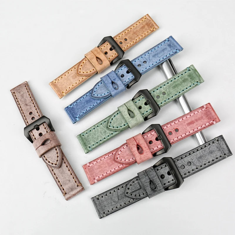 MAIKES Vintage Black Leather Watch Strap – 22/24mm for Panerai