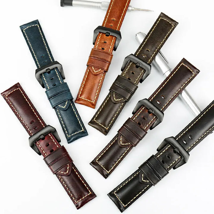 MAIKES Watch Accessories Oil Wax Cow Leather Watch Band 20mm 22mm 24mm 26mm Handmade Watchband Watch Strap For Panerai Watch