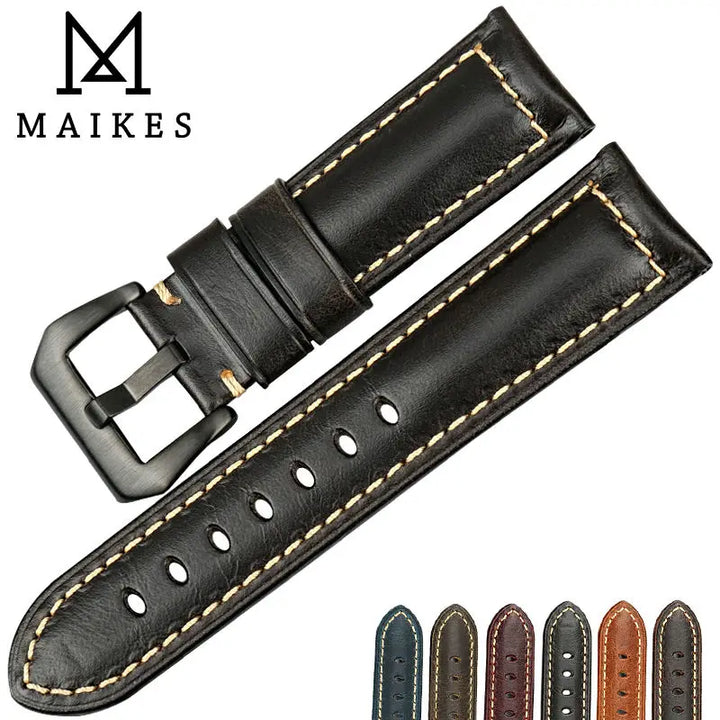 MAIKES Watch Accessories Oil Wax Cow Leather Watch Band 20mm 22mm 24mm 26mm Handmade Watchband Watch Strap For Panerai Watch
