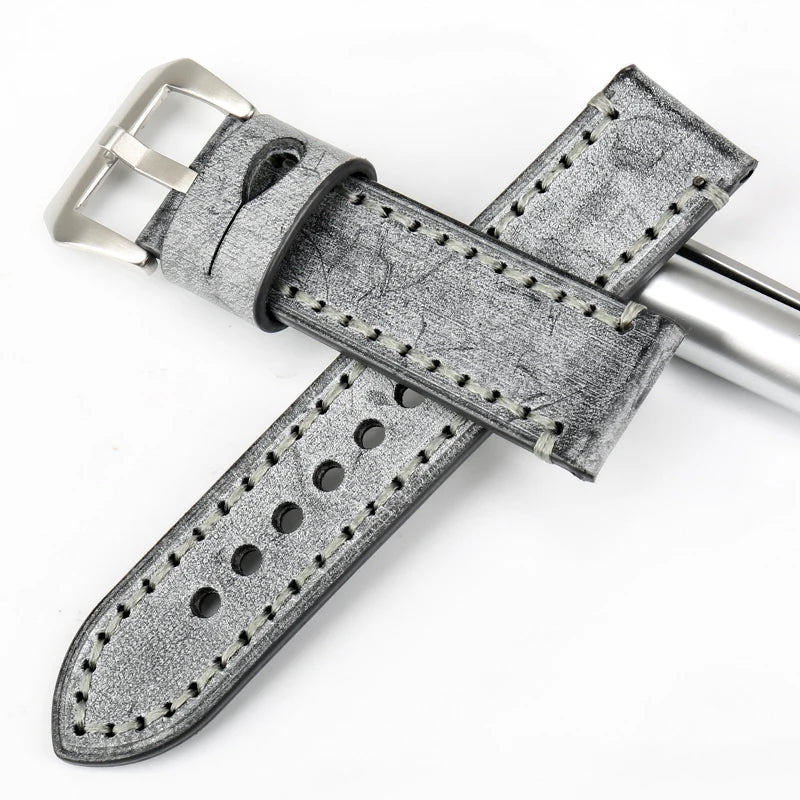 MAIKES Vintage Black Leather Watch Strap – 22/24mm for Panerai